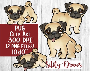 Pug clipart Pugs clip art instant digital download sitting standing cute baby dog puppy playful designs 24 files