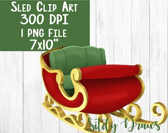 Santa's Sleigh holiday Sled clip art instant digital download red gold and green holiday ride, one horse and sleigh clipart Santa