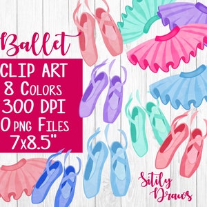 Ballet clipart with pink ballet shoes and tutu in pink red purple blue teal etc tu-tu dance art dancer clip art dancer digital download image 1