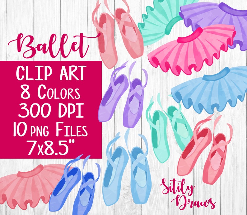 Ballet clipart with pink ballet shoes and tutu in pink red purple blue teal etc tu-tu dance art dancer clip art dancer digital download image 1