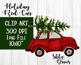 Red Car carrying a Christmas tree holiday clipart red auto hauling a pine tree clip art red beetle tree on car instant digital download