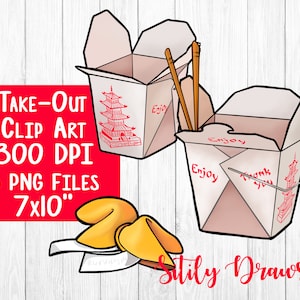 Chińskie jedzenie na wynos clipart clipart pudełka na wynos z azjatyckim jedzeniem i ciasteczkami z wróżbą natychmiastowe pobieranie cyfrowe Chiny Japońskie