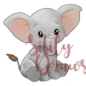 May include: A cute cartoon illustration of a gray elephant with pink ears and large eyes. The elephant is sitting with its trunk curled up and its tail behind it.