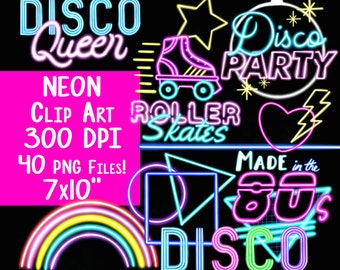 Neon overlay clip art instant digital download pink teal purple yellow green circles stars triangles disco skating party shapes 80s