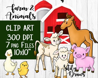 Farm animal and barn clipart cute cartoon baby farm animals clip art , pig , calf , horse , colt , goose chick png instant digital download