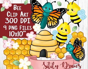 Bee beehive honeycomb butterfly clipart transparent background PNG clip art digital download hive honeybee monarch art flower