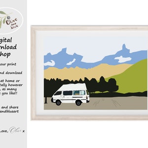 DIGITAL DOWNLOAD - Campervan Print, Travel Poster, Travel Prints, Mountain Wall Art, New Zealand Print, Motorhome Gift, Motorhome Print