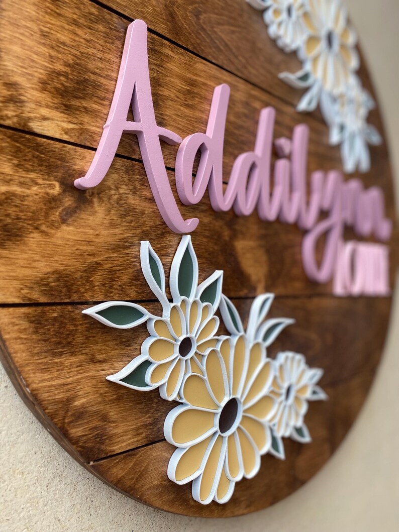 Floral Girl Name Sign, Custom 3D Name Sign, Round Name Sign, Boho Decor ...