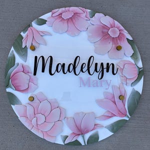 3D Round Name Sign Boho Wood Name Sign Girls Room Nursery floral flowers pink white shower birthday gift baby room shiplap botanical rose