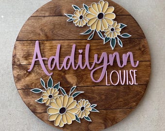 Floral Girl Name Sign, Custom 3D Name Sign, Round Name Sign, Boho Decor, Nursery Wall Art, Baby Shower Gift,  Girls Room Decor, Shiplap