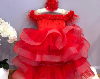 Party  Baby Girl Fluffy  DRESS/ PRINCESS 1st Year Birthday Dress/ Red Flower Girl Dress / Wedding Baby Girl Dress/Baby Girl Clothes