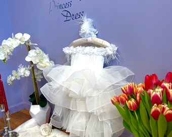 FLOWER Girl White Dress | Girl Fluffy Party DRESS/ PRINCESS 1st Year Birthday Dress /Wedding Baby Girl Dress/Baby Girl Clothes