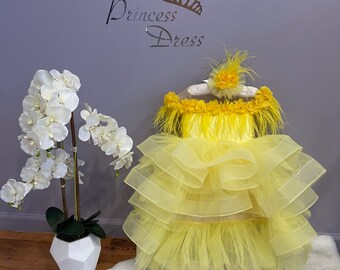 Fluffy Baby PARTY DRESS/ PRINCESS 1st Year Birthday Dress/Yellow Flower Girl Dress /Wedding Baby Girl Dress/Beautiful Baby Girl Clothes