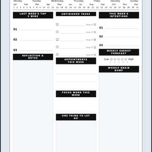 May include: A white ADHD Weekly Reset planner page with black text and lines. Sections include Last Week's Top 3 Wins, Unfinished Tasks with checkboxes, This Week's Intentions, Reflection & Notes, Appointments, Energy Forecast, and a Weekly Brain Dump.