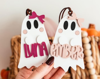 Ghost With Bow Boo Basket Tag, Halloween Basket Tag, Acrylic Ghost Halloween Tag, Personalized Boo Basket Tag, Spooky Season Tag