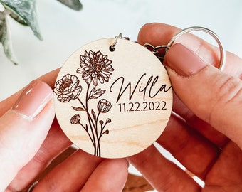 Birth Month Flower Keychain, Personalized Keychain, Custom Birth Flower Keychain, Birth Flower Keychain, Engraved Keychain, Custom Keychain