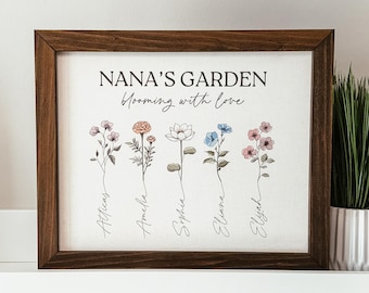 Grandma's Garden Sign, Custom Birth Flower Sign, Family Flower Print with Names, Personalized Mother's Day Sign, Gift for Grandma