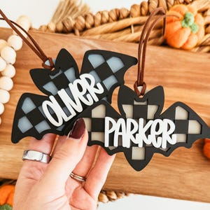 Checkered Bat Boo Basket Tag, Halloween Basket Tag, Acrylic Bat Tag, Personalized Boo Basket Tag, Custom Halloween Tag, Spooky Season Tag
