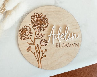 Wooden Birth Announcement, Birth Flower Birth Announcement Sign, Baby Name Sign, Hospital Newborn Photo Sign, Birth Flower Sign, Shower Gift