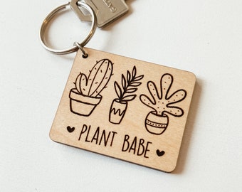 Plant Babe Keychain, Succulent Keychain, Cactus Keychain, Plant Keychain, Wood Keychain, New Home Housewarming Gift, Engraved Keychain