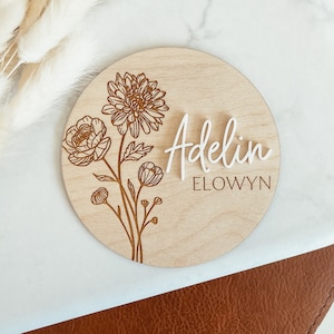 Faire-part de naissance en bois, panneau de faire-part de naissance fleur de naissance, nom de bébé, panneau photo nouveau-né hôpital, panneau de fleur de naissance, cadeau de douche
