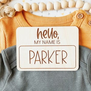 Hello My Name is Birth Announcement, Wooden Birth Announcement, Newborn Announcement, Baby Name Sign, Newborn Baby Photo Prop, Baby Gift