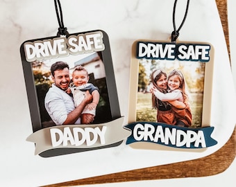 Personalized Drive Safe Photo Car Charm, Custom Rearview Mirror Picture Hanger, Father’s Day Gift, Drive Safe Dad Gift, Grandpa Car Gift