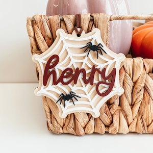 May include: A white wooden spiderweb ornament with the name "Henry" written in maroon letters. The ornament has two black spiders on it.
