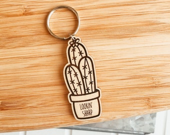 Lookin' Sharp Keychain, Cactus Keychain, Plant Keychain, Wood Keychain, Wooden Keychain, New Home Housewarming Gift, Engraved Keychain