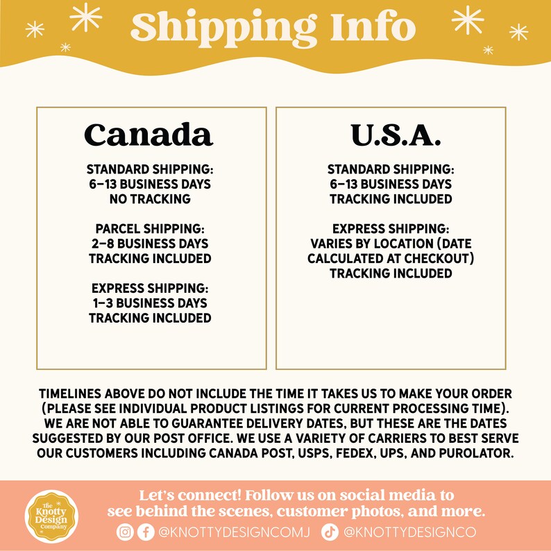 Peut inclure: Un graphique jaune et blanc avec le texte "Shipping Info" en noir. Le graphique liste les d&eacute;lais de livraison et les informations de suivi pour le Canada et les &Eacute;tats-Unis.