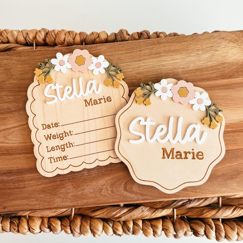 Wooden Birth Announcement, Flower Birth Announcement Sign, Baby Name ...