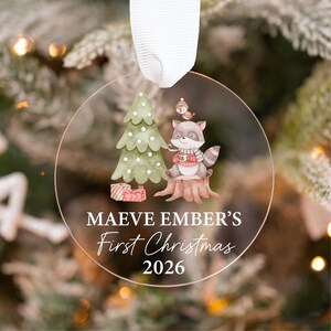 Baby's First Christmas Ornament, Personalized Baby Ornament 2026, Clear Custom Newborn Ornament, Baby Christmas Gift, Woodland Baby Ornament Racoon