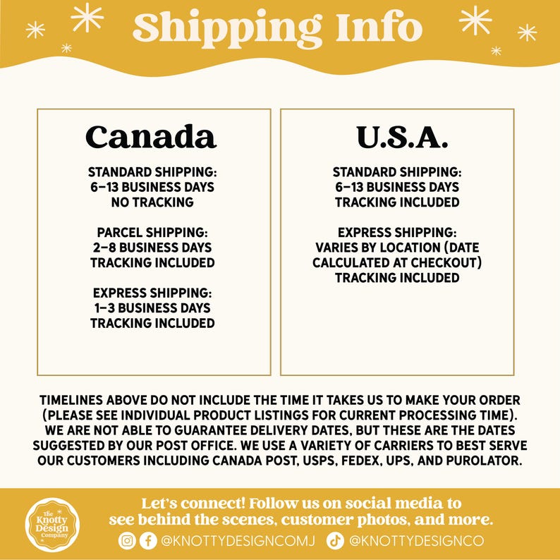 May include: A graphic with the text "Shipping Info" at the top. It details shipping times for Canada and the U.S.A., including standard, parcel, and express options. The Knotty Design Company logo is at the bottom.