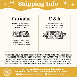 May include: A yellow and white graphic with the text "Shipping Info" in black. The graphic is divided into two sections, one for Canada and one for the U.S.A. Each section lists different shipping options with estimated delivery times and whether tracking is included.