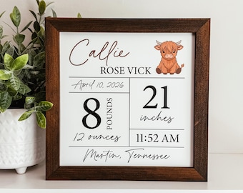 Custom Highland Cow Birth Statistics Wood Sign, Nursery Sign, Baby Name Sign, Baby Shower Gift, Personalized Name Sign,  Birth Stat Sign