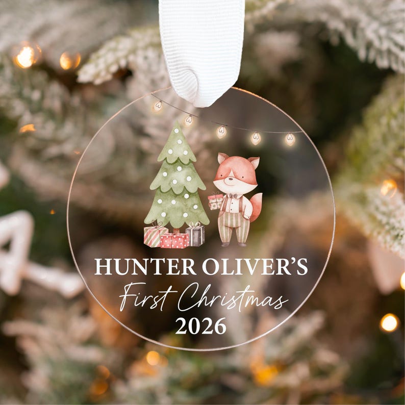 Baby's First Christmas Ornament, Personalized Baby Ornament 2026, Clear Custom Newborn Ornament, Baby Christmas Gift, Woodland Baby Ornament Fox