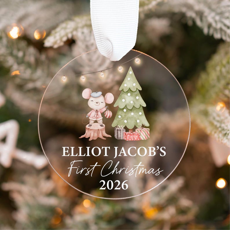 Baby's First Christmas Ornament, Personalized Baby Ornament 2026, Clear Custom Newborn Ornament, Baby Christmas Gift, Woodland Baby Ornament Mouse