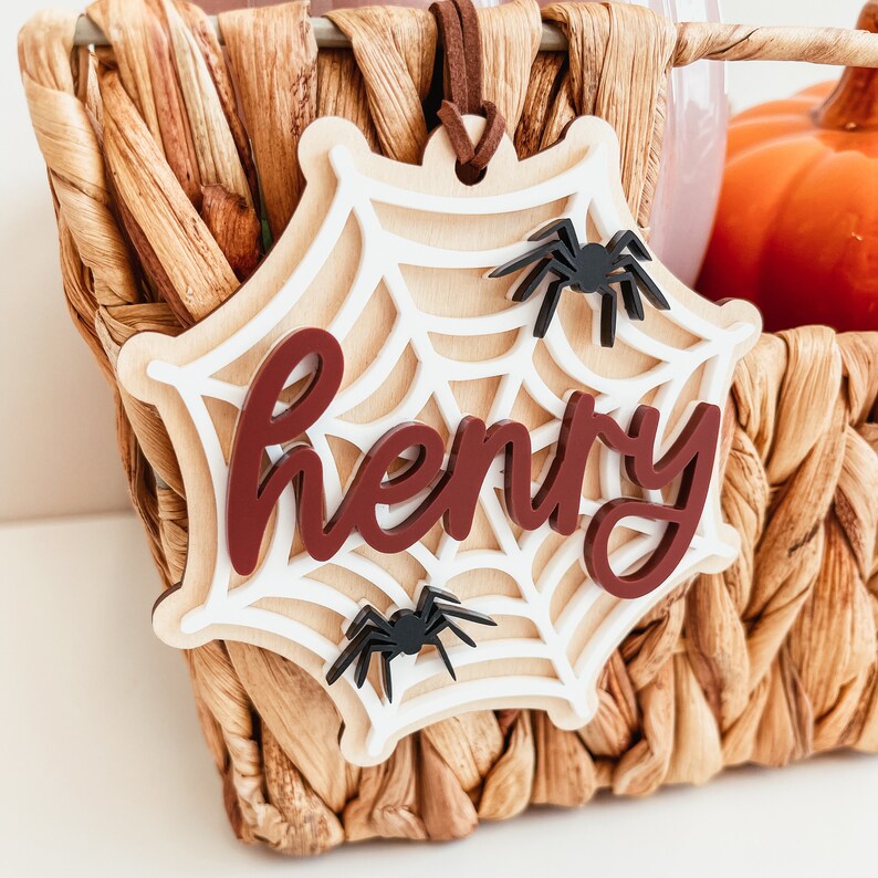 May include: A white and brown wooden spiderweb cutout with the name "Henry" written in maroon letters. Two black spiders are attached to the web.