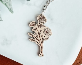 Birth Month Flower Keychain, Personalized Keychain, Custom Birth Flower Keychain, Birth Flower Keychain, Engraved Keychain, Custom Keychain