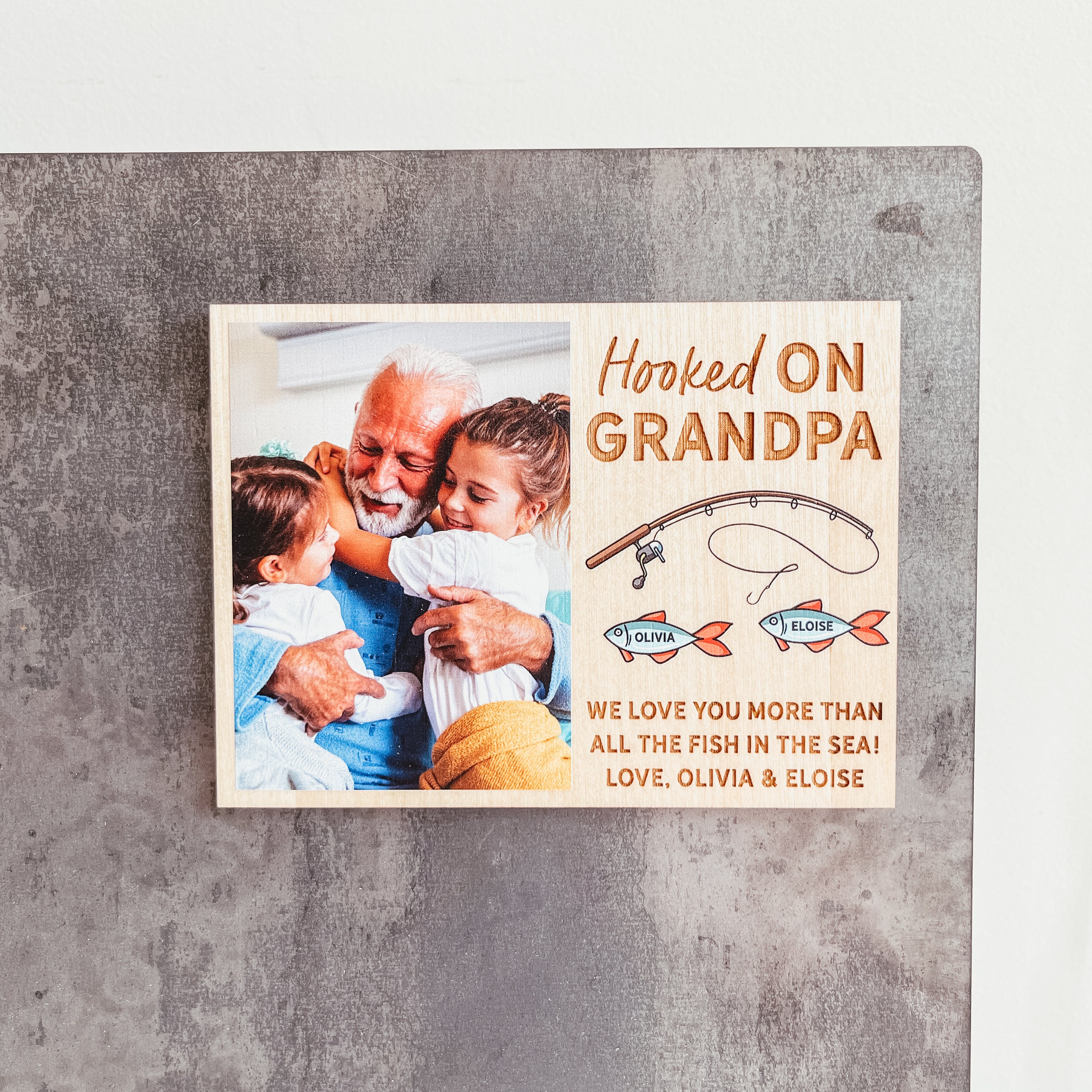Imán con foto personalizado, imán con foto de papá, imán con foto de abuelo, Hooked On Daddy, Hooked On Grandpa, imán personalizado, imán del Día del Padre