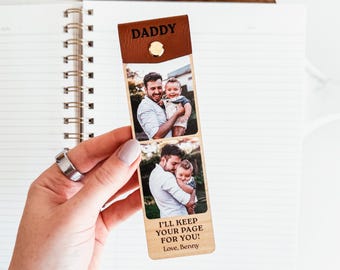 Personalized Photo Bookmark for Dad or Grandpa, Photo Strip Bookmark, Wood and Leather Bookmark, Laser Engraved Bookmark, Father's Day Gift