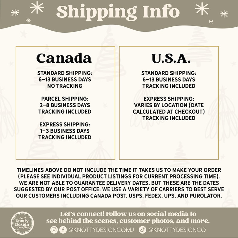 May include: A graphic with text detailing shipping information for Canada and the U.S.A. Standard shipping is 6-13 business days, with tracking included for the U.S.A. and no tracking for Canada. Express shipping options are also listed.