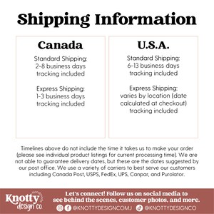 May include: Shipping information for Canada and the U.S.A. with estimated delivery times for standard and express shipping.  The text includes the phrase "tracking included" for both shipping options.