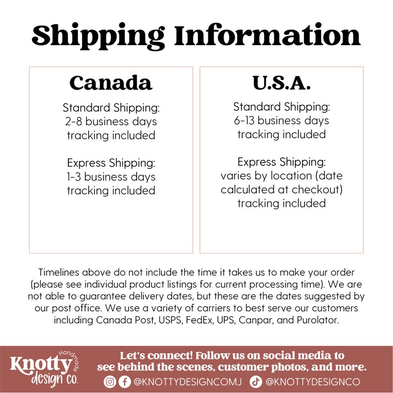 May include: Shipping information for Canada and the U.S.A. with estimated delivery times for standard and express shipping.  The text includes the phrase "tracking included" for both shipping options.