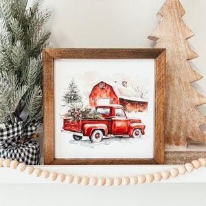 Red Truck Christmas Sign, Holiday Red Truck Sign, Christmas Sign, Watercolor Christmas Sign, Holiday Sign, Christmas Decor, Farmhouse Sign