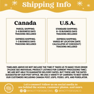 May include: A graphic with the text "Shipping Info" at the top. It details shipping information for Canada and the U.S.A., including parcel, standard, and express shipping options, with estimated delivery times and tracking information.
