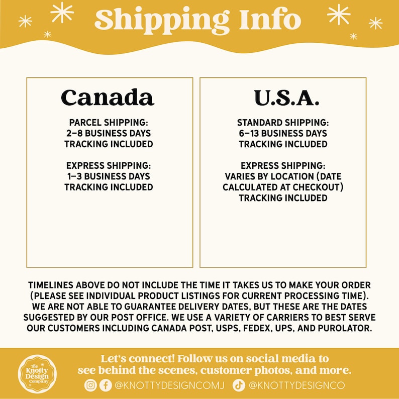 May include: A graphic with the text "Shipping Info" at the top. It details shipping information for Canada and the U.S.A., including parcel, standard, and express shipping options, with estimated delivery times and tracking information.