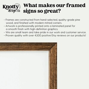 May include: A close-up of a wooden frame with a white background. The text "What makes our framed signs so great?" is printed in black at the top of the frame. The text below describes the quality of the frames and the artwork.