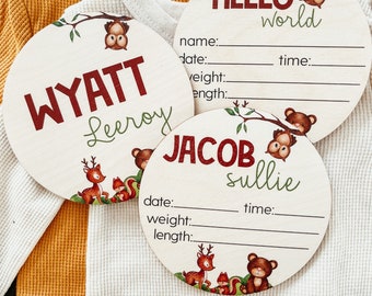 Wooden Birth Announcement Sign, Name Announcement Sign, Hospital Name Sign, Woodland Baby Name Sign, Baby Birth Stat Sign, Baby Shower Gift