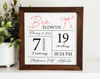 Pink Bow Birth Statistics Wood Sign, Custom Nursery Sign, Baby Name Sign, Baby Shower Gift, Personalized Name Sign,  Birth Stat Sign